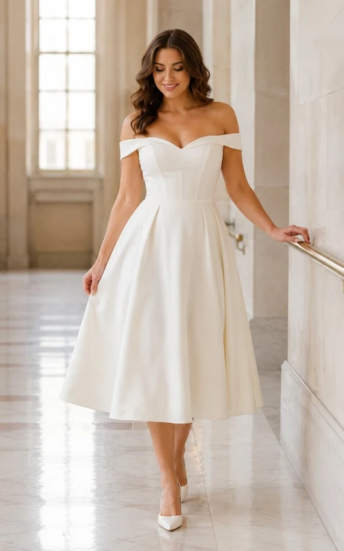 Standesamtliches Satin-Brautkleid mit schulterfreiem Ausschnitt, A-Linie und Teelänge, schlicht und modern
