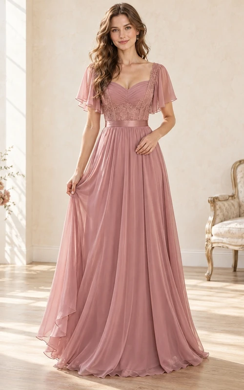 Robe de soirée vintage en mousseline rose poudré, col en V, dentelle et manches papillon