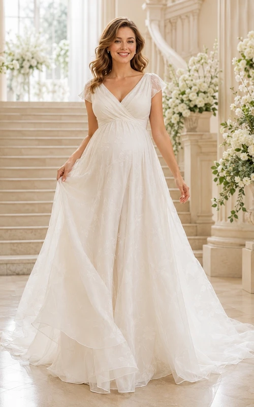 Vestido de novia sin mangas, ligero, de tul, con escote corazón, falda escalonada y cola larga.