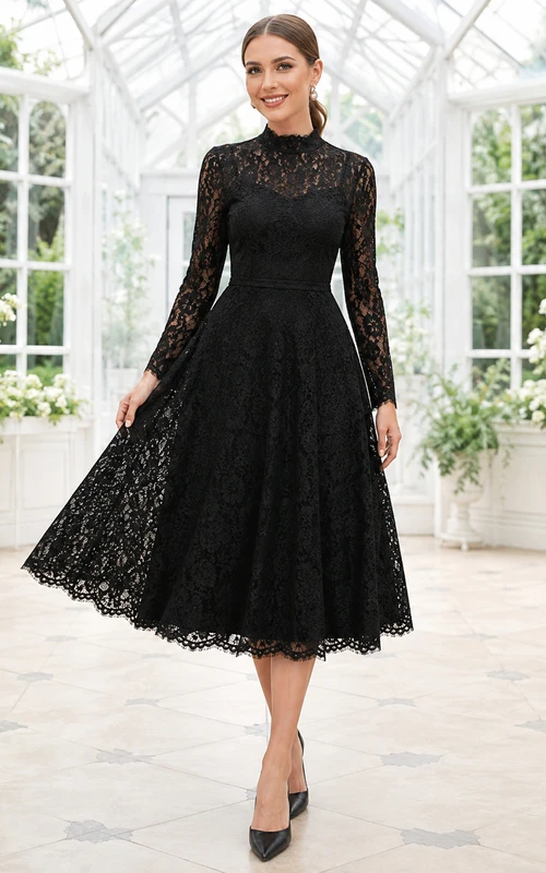 Vestido de cóctel vintage negro de manga larga con encaje ilusión y cuello alto.