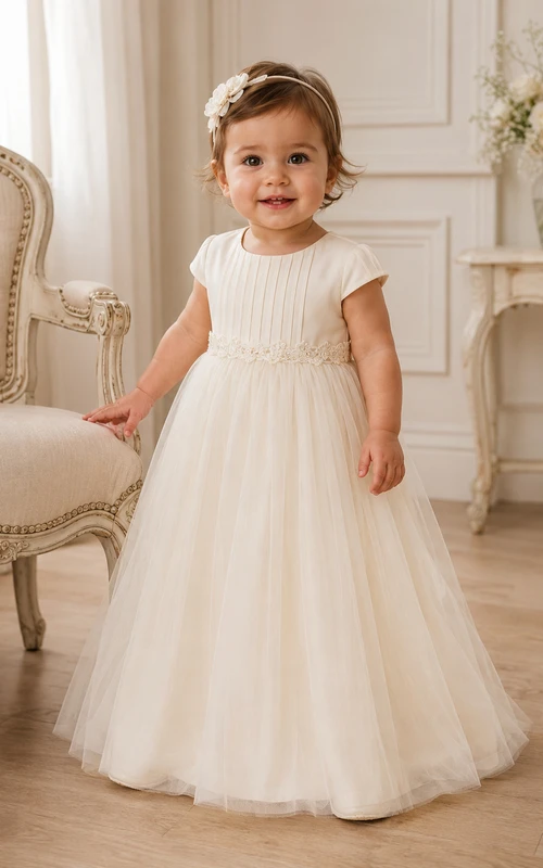 Cap Sleeve Christening Gown A-Line Tulle Lace Jewel Neck Soft Full Skirt