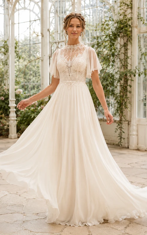 Robe de mariée élégante en mousseline et dentelle transparente, col montant, manches papillon, coupe trapèze, traîne, dos illusion