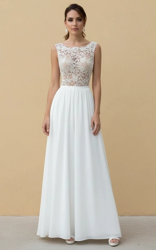 Mono de novia sin mangas de encaje floral, tul transparente y satén con cintura de satén.