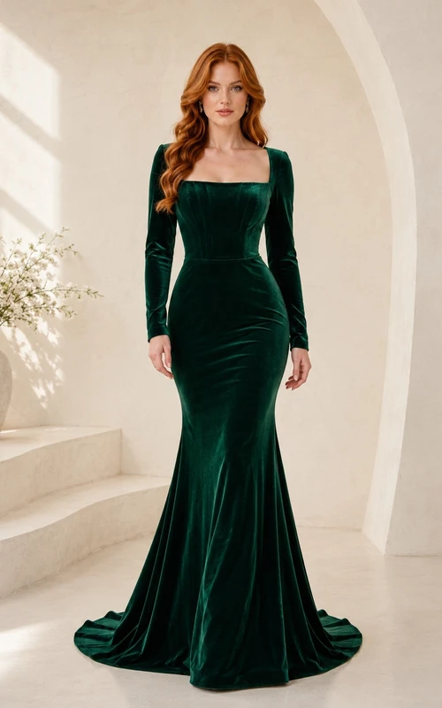 Dark Green Velvet Square Neck Long Sleeve Mermaid Sweep Evening Gown