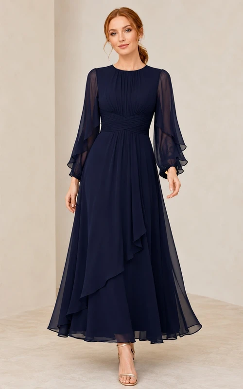 Modest Dark Navy Jewel Neck Long Bell Sleeve Chiffon A-Line Floor-Length Dress