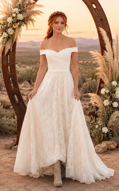 Western Rustic Off Shoulder Lace A-Line Wedding Dress