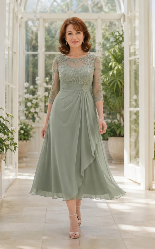 Romantisches, elegantes Mutterkleid aus Spitze in zartem Salbeigrün mit Illusion-Ausschnitt, Dreiviertelärmeln, A-Linien-Schnitt und Chiffon-Teelänge