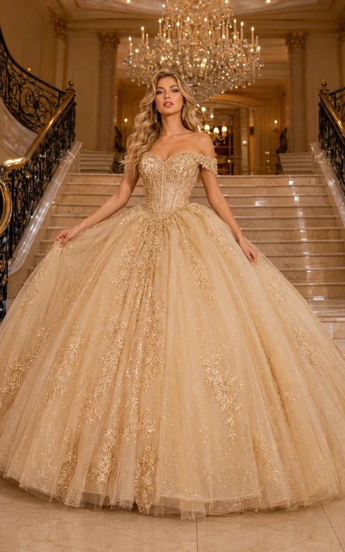 Vestido de baile de princesa de lujo con escote palabra de honor y brillo dorado para quinceañera en el Hotel Champagne.