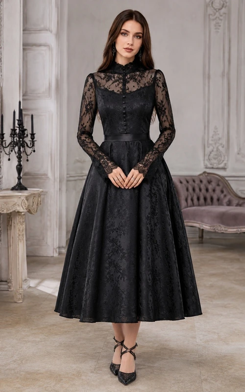 Black High-Neck Long-Sleeve Illusion Lace A-Line Tea-Length Gothic Dress