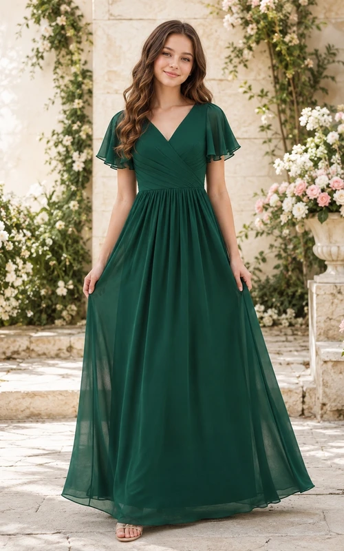 Dunkelgrünes Brautjungfernkleid für junge Damen, A-Linie, V-Ausschnitt, kurze Blütenblattärmel, elegant und romantisch