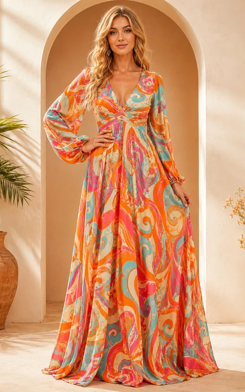 Seventies Psychedelic Print Bell Sleeve Flowing Maxi Occasion Dress