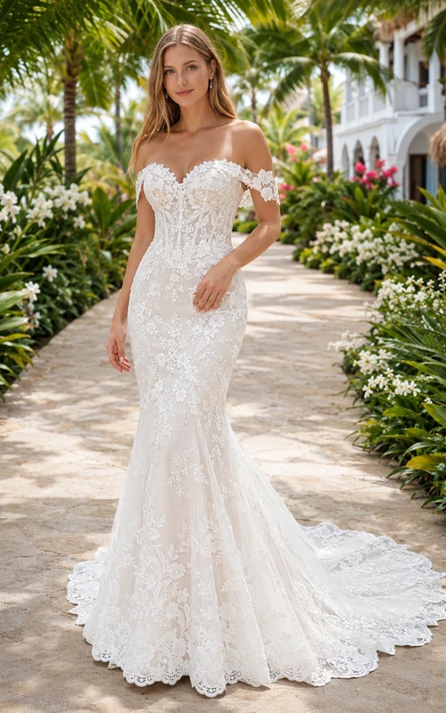 Robe de mariée sirène en dentelle, épaules dénudées et décolleté cœur, pour une destination de plage.