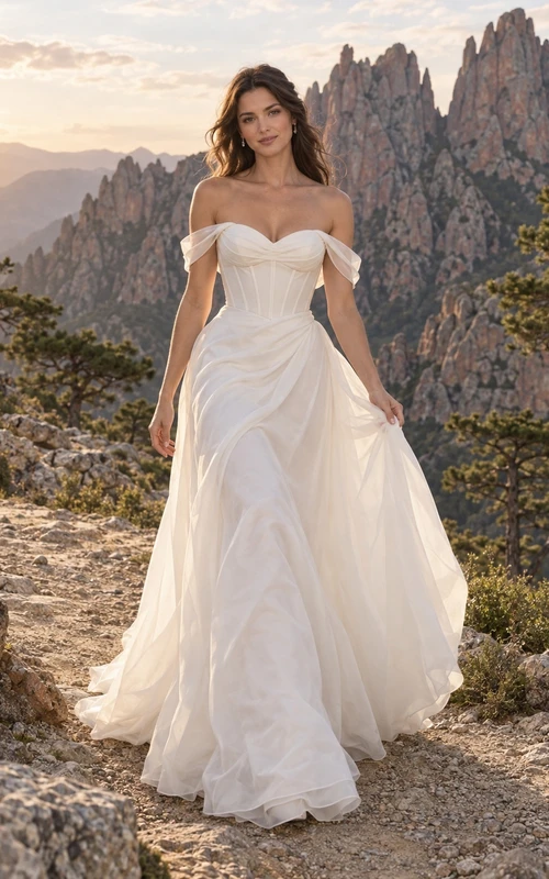 Vestido de novia romántico de organza con escote de hombros descubiertos, corte en A, sin mangas, fruncido y cola larga.