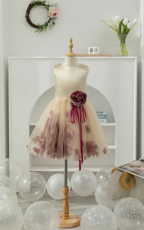 Vestido corto de tul floral bicolor con corte en A para niña de las flores.