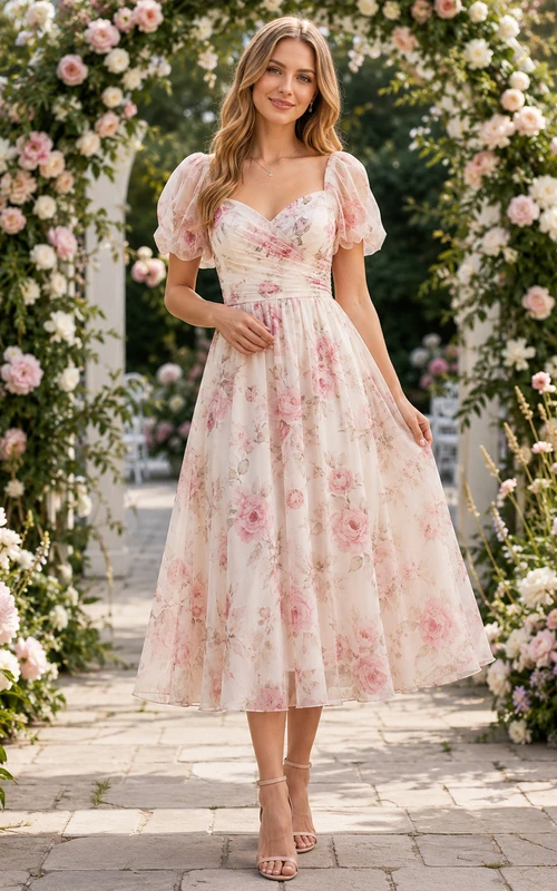 Pink Floral Puff Sleeve Garden Guest Midi Dress