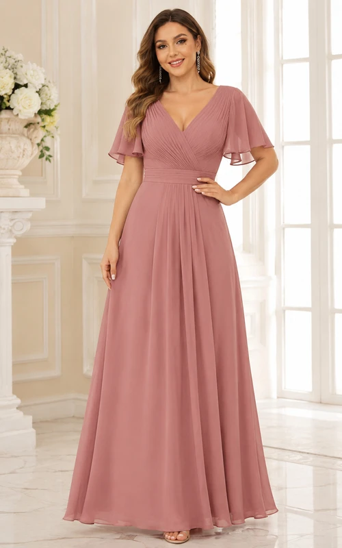 Vestido de gasa para la madre de la novia en color rosa empolvado, escote en V, corte en A, largo hasta el suelo con pliegues.