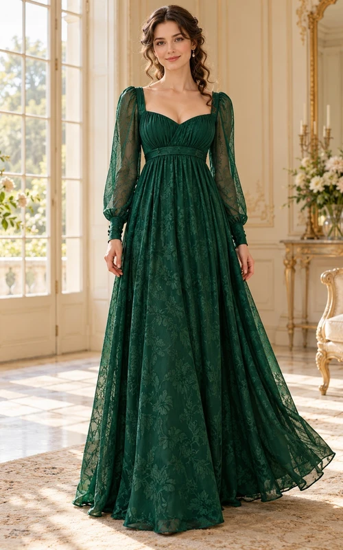 Robe de soirée empire en dentelle vert foncé à manches longues et décolleté cœur, style Régence