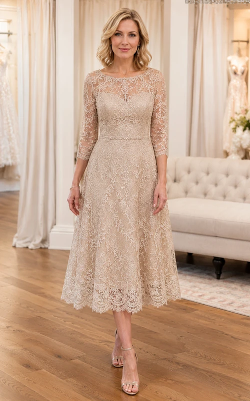 Champagne Lace Illusion Sleeve Mother Tea Length Dress
