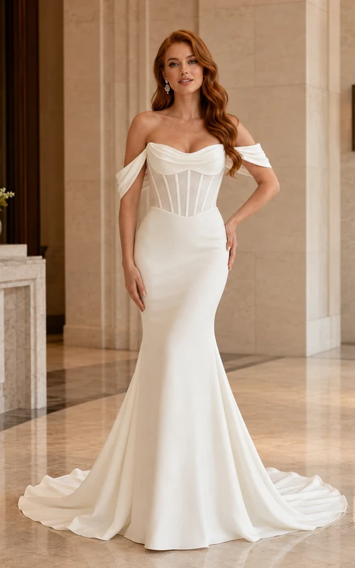 Minimalist Satin Wedding Dress Mermaid Off Shoulder Sweep Train Bridal Gown