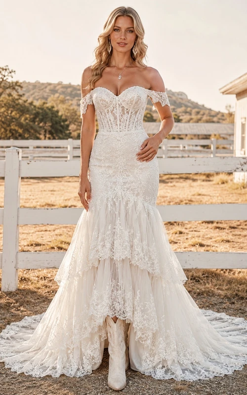 Robe de mariée bohème romantique en dentelle, épaules dénudées, manches courtes, volants, coupe sirène, traîne chapelle