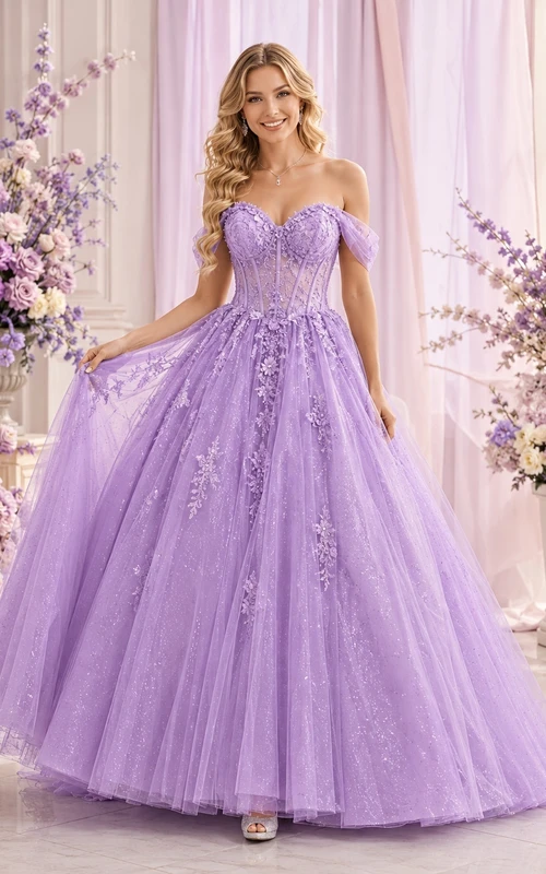 Lavender Tulle Off-the-Shoulder Floral Applique Ball Gown Sweet 16 Dress