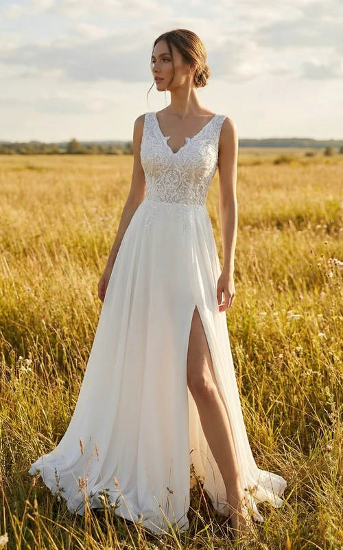Vestido de novia informal para la playa con top de encaje.
