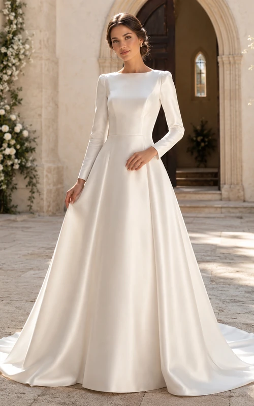 Robe de mariée minimaliste en satin, coupe trapèze, col bateau, manches longues, traîne courte