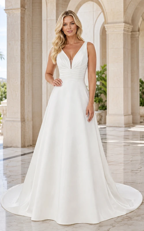 Robe de mariée minimaliste élégante en satin, col V sans manches, coupe trapèze, longueur au sol.