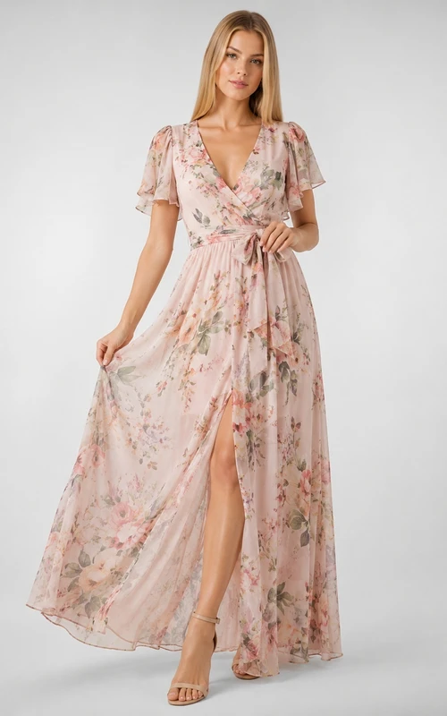 Vestido de invitada largo hasta el suelo, de gasa, corte A, con escote en V y mangas con volantes, color rosa empolvado y estampado floral.