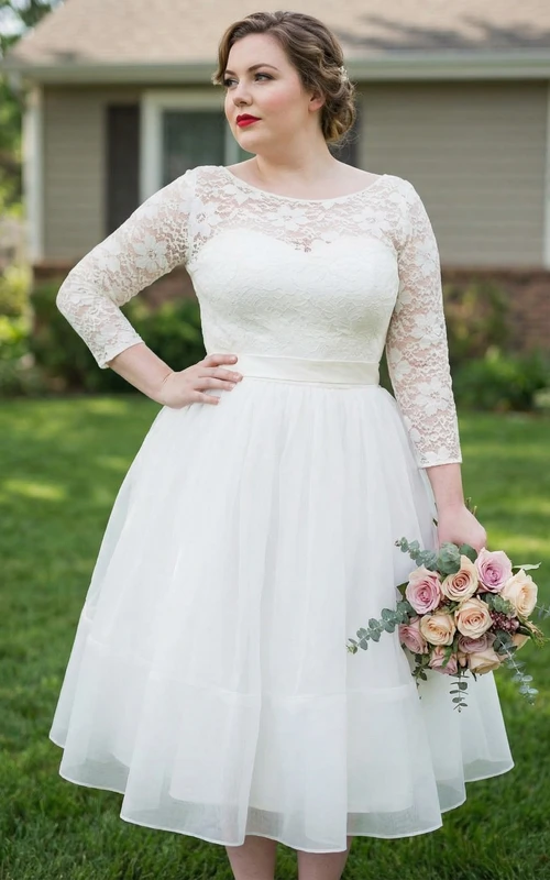 Robe de mariée grande taille en dentelle, manches 3/4, longueur thé
