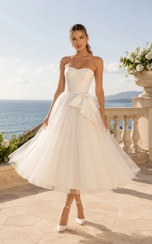 Strapless Sweetheart Tulle Tea Length Wedding Dress