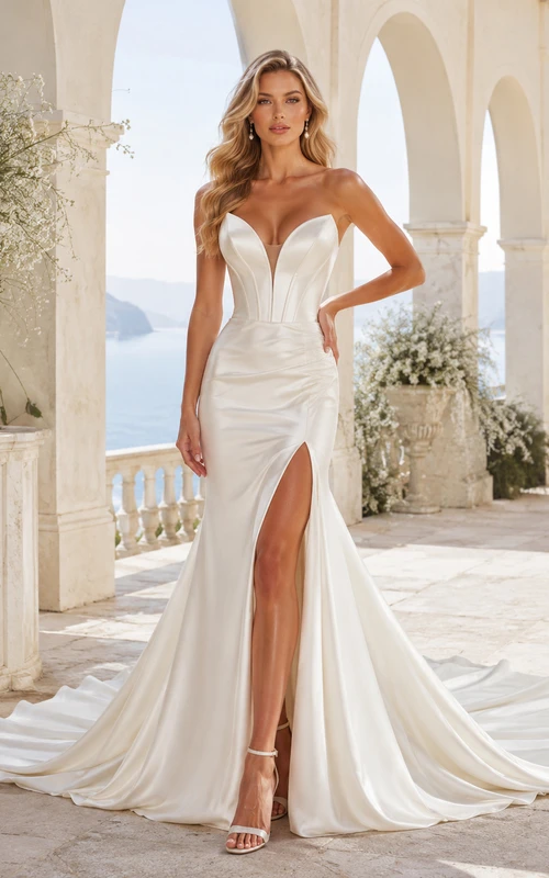 Brautkleid aus Satin im Meerjungfrauenstil, trägerlos, mit Kapellenschleppe und offenem Rückenschlitz