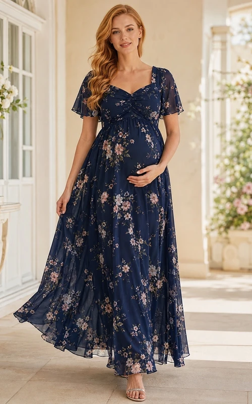 Marineblaues Umstandskleid mit Blumenmuster, kurzen Ärmeln, Chiffon, bodenlang, A-Linie, Frühlingsgartenkleid