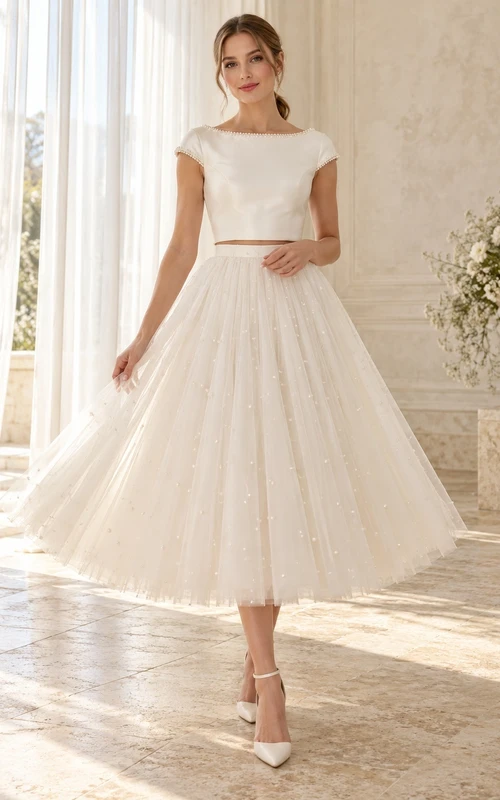 Tea-length Two Piece Boat Neck Cap Sleeve Tulle Wedding Dress