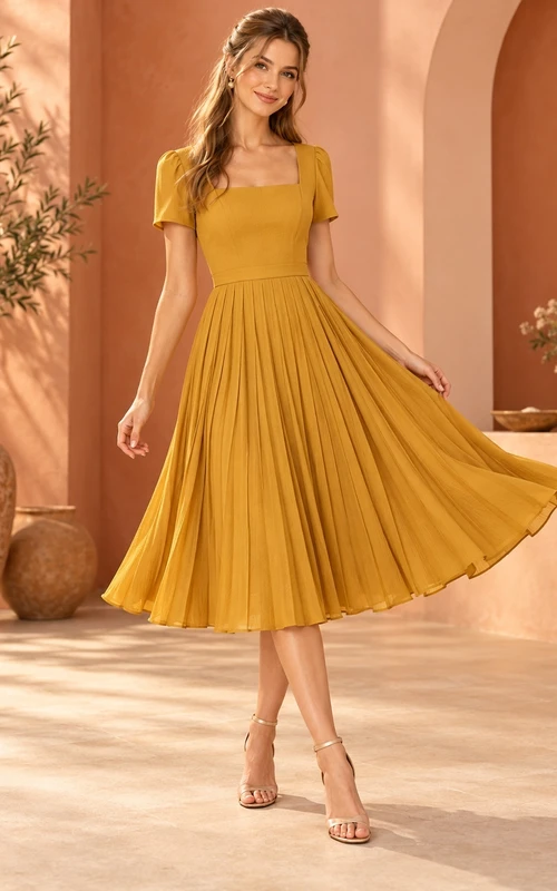 Gold Square Neck Short Sleeve Pleated Tea-length Guest Dress
