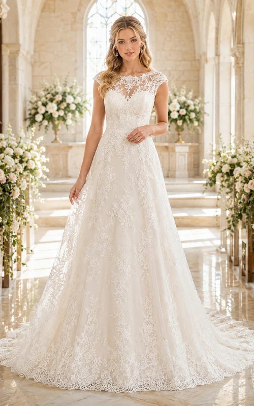 Brautkleid für Kapellenhochzeiten mit bedeckten Schultern und Spitze in A-Linie