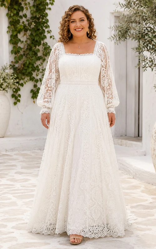 Plus Size Square Neck Long Sleeve Lace A-Line Wedding Dress