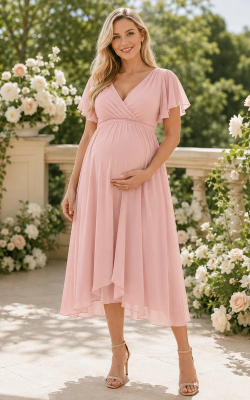 Vestido midi de gasa rosa empolvado con escote en V, mangas con volantes y corte asimétrico, ideal para embarazadas.