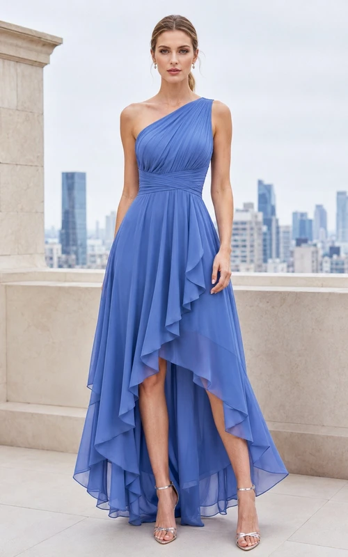 Royal Blue Chiffon One Shoulder Sleeveless High Low Evening Dress