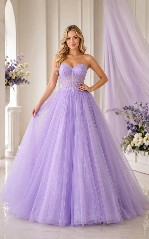 Vestido de gala de tul color lavanda sin tirantes con corpiño tipo corsé para graduación.