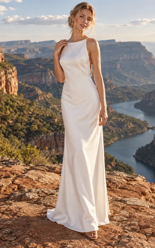Vestido de novia sencillo de satén sin mangas con escote joya y tirantes cruzados en la espalda descubierta