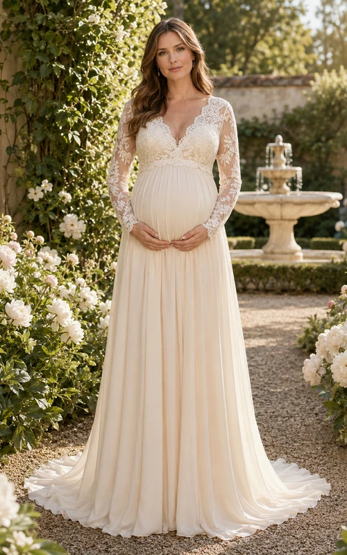 Umstandsbrautkleid, langärmelig, V-Ausschnitt, Oberteil aus Spitze, A-Linie, Chiffon, Gartenkleid