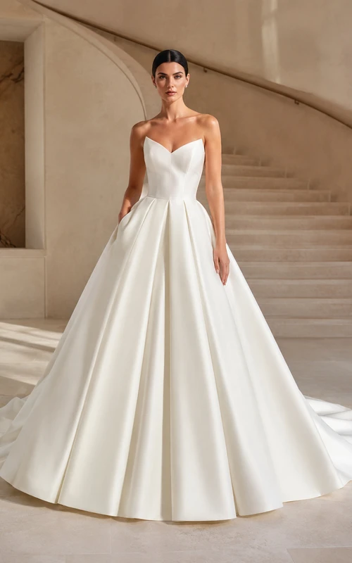 Robe de bal bustier sans manches en satin lustré, décolleté cœur, traîne chapelle, plis structurés, robe de mariée de salle de bal