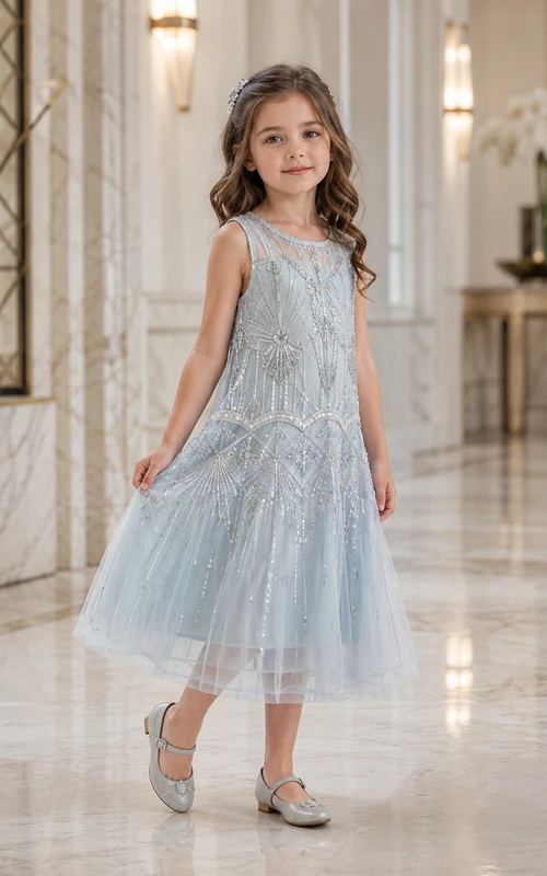 A-Line 1920s Inspired Beaded Flower Girl Dress with Strapped Bodice, Beaded Tulle, Sequined Skirt, Tea-Length Hem, Deco Evening Style