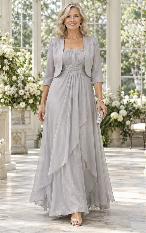 Vestido de novia plateado estilo imperio, corte A, largo hasta el suelo, con escote cuadrado y chaqueta corta con cuentas, ideal para la madre de la novia.
