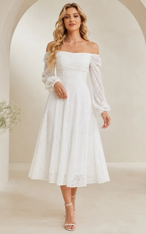Vestido de novia de encaje de corte A, manga larga, hombros descubiertos, estilo modesto, largo hasta la rodilla