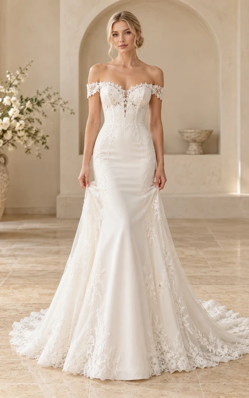 Mermaid Off Shoulder Sweetheart Scalloped Lace Train Bridal Wedding Dress
