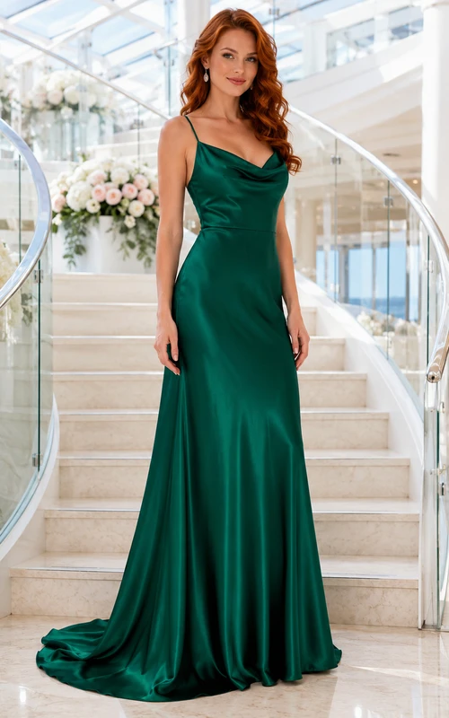 Smaragdgrünes Abendkleid aus Satin mit Wasserfallausschnitt und Spaghettiträgern