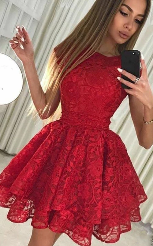 Homecoming-Kleid in A-Linie mit Spitze, Reißverschluss, kurzen Ärmeln, Schleifen und Stufen