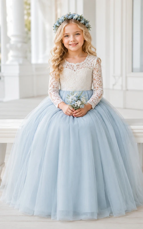 Robe de demoiselle d'honneur bleu acier en dentelle et tulle, robe de bal longue à manches longues, col rond et ceinture.